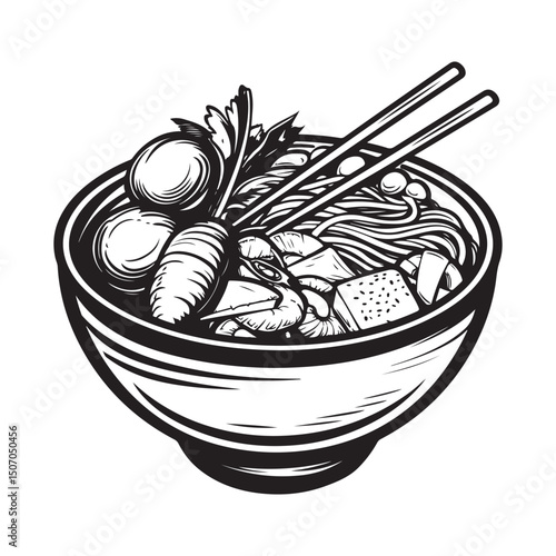 delicious noodles, meatballs and vegetables in a bowl vector image