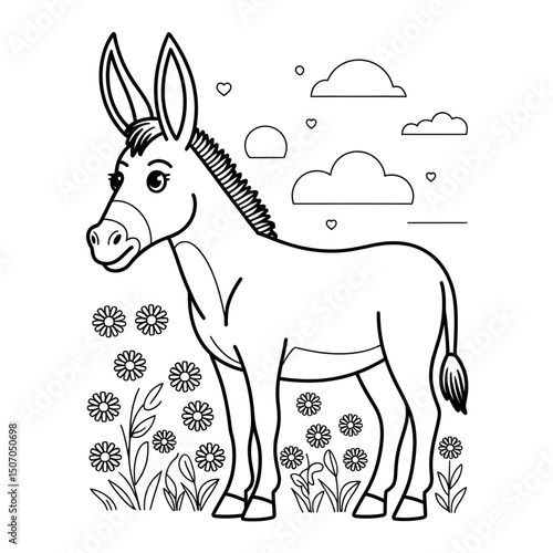 A black and white donkey illustration line art of a coloring page
