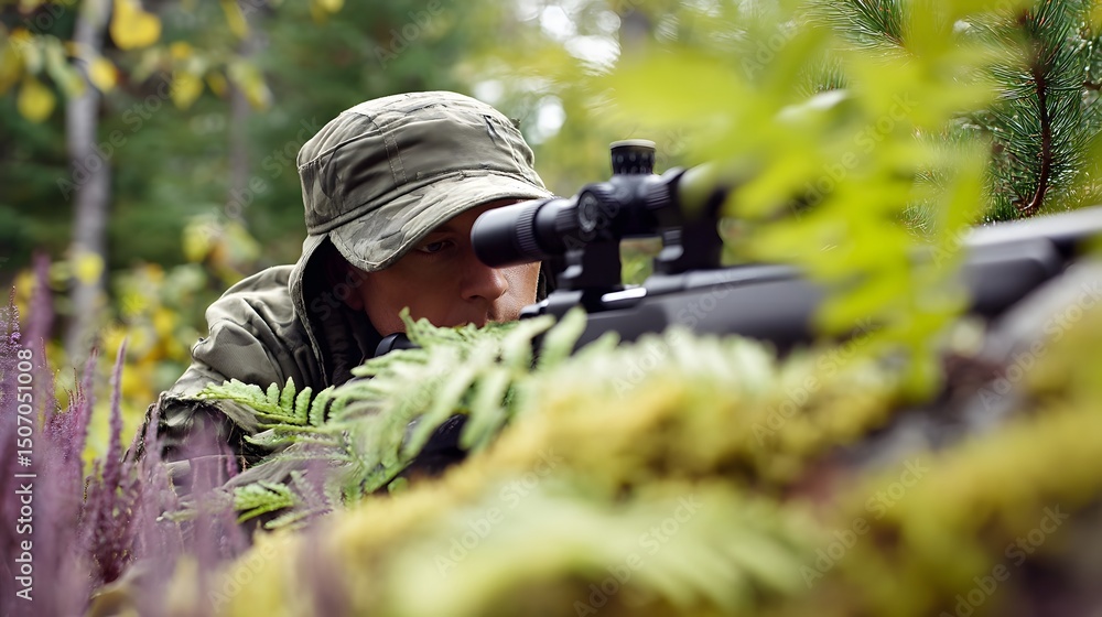 Fototapeta premium Military sniper in camouflage crawling through rugged terrain