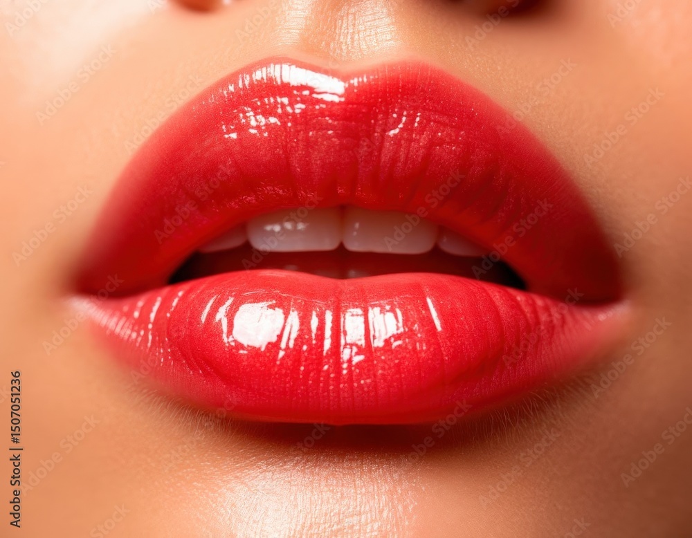 Fototapeta premium High-detail view of shiny oil applied to lips — macro gloss.
