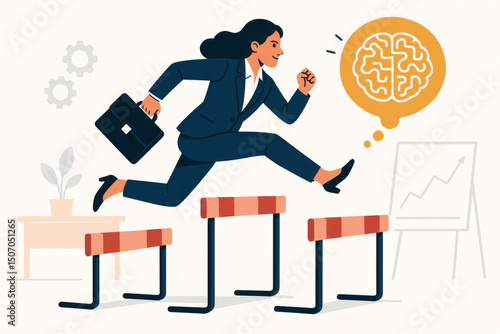 Businesswoman jumping over hurdles obstacles overcoming business challenges breakthrough success achievement career growth leadership professional development problem solving
