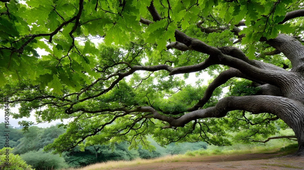 Fototapeta premium Majestic oak tree with a twisted trunk and a rich green canopy