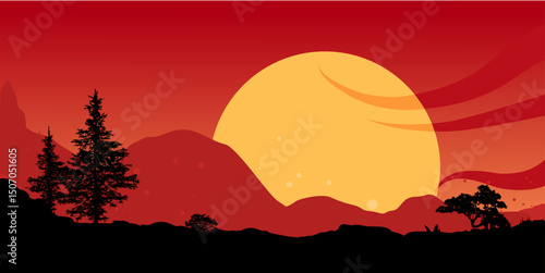 mountain landscape with trees at sunset – vector illustration
