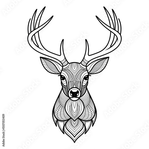 A black and white mandala head deer illustration line art of a coloring page