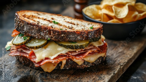 A hearty sandwich with cured meat, cheese, pickles on rustic bread, served with potato chips on a wooden board.
