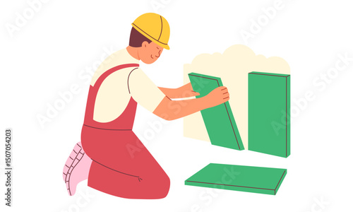 Male labourer, builder laying tiles in a flat. Repair concept