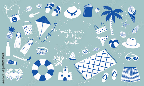 Hand-drawn vector beach-themed doodle set including summer accessories, tropical elements, and travel icons. Fun and playful whimsical design in blue and white.