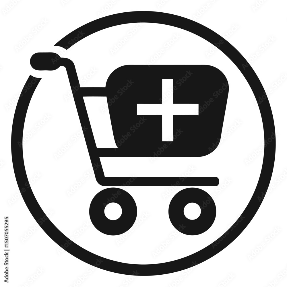 Shopping Cart Black and White Icon with Plus Sign in a Circle. Simple Design Shopping Cart Black and White Icon with Plus Sign in a Circle. Simple Design
