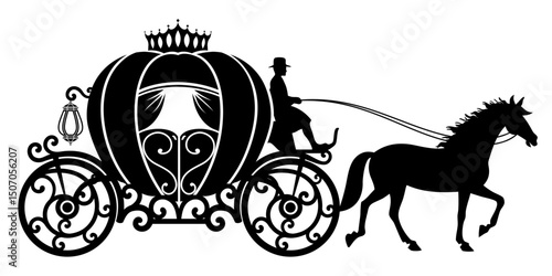 Silhouette illustration of a pumpkin-shaped horse-drawn carriage with one horse