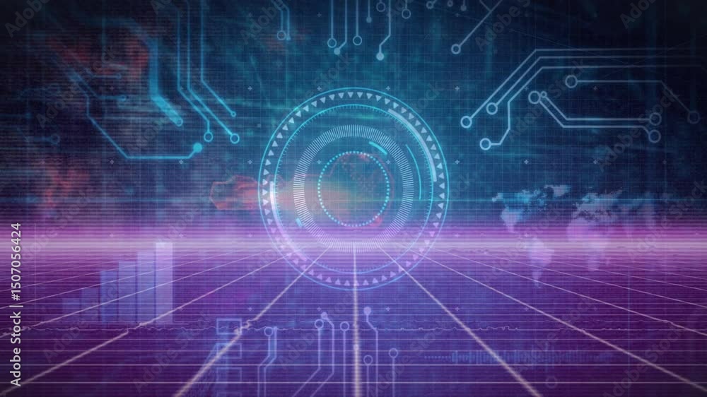 Glowing purple grid plane initiating pulsing ring animating circuits for data display rotating HUD Glowing purple grid plane initiating pulsing ring animating circuits for data display rotating HUD