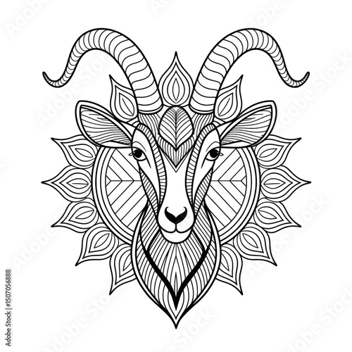 A black and white mandala goat head illustration line art of a coloring page 