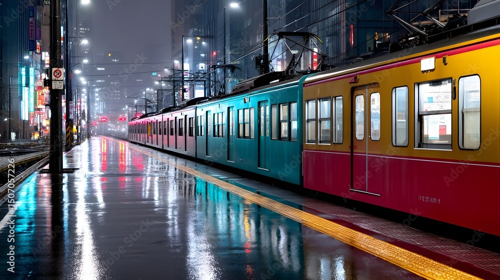 Obraz premium A train traveling through a rainy city at night with glowing reflections.
