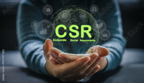 People showing csr concept in business supporting corporate social responsibility, clean energy, green eco environment, esg strategy, sustainable development and social impact for better corporate