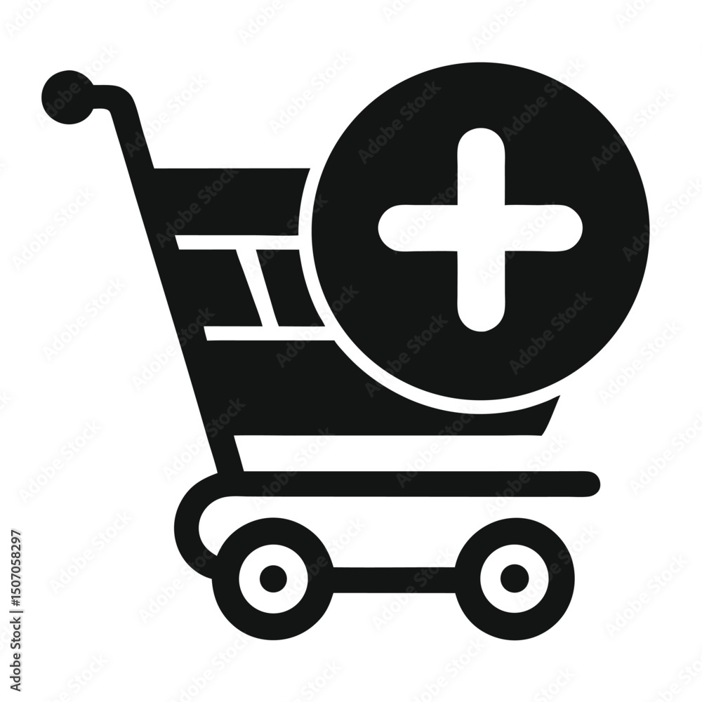 Black Shopping Cart Icon with Plus Sign | Simple | Purchase Symbol Black Shopping Cart Icon with Plus Sign | Simple | Purchase Symbol