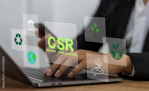 People showing csr concept in business supporting corporate social responsibility, clean energy, green eco environment, esg strategy, sustainable development and social impact for better corporate