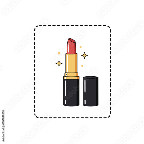 Lipstick tube with red lipstick and sparkle effects on white background  
