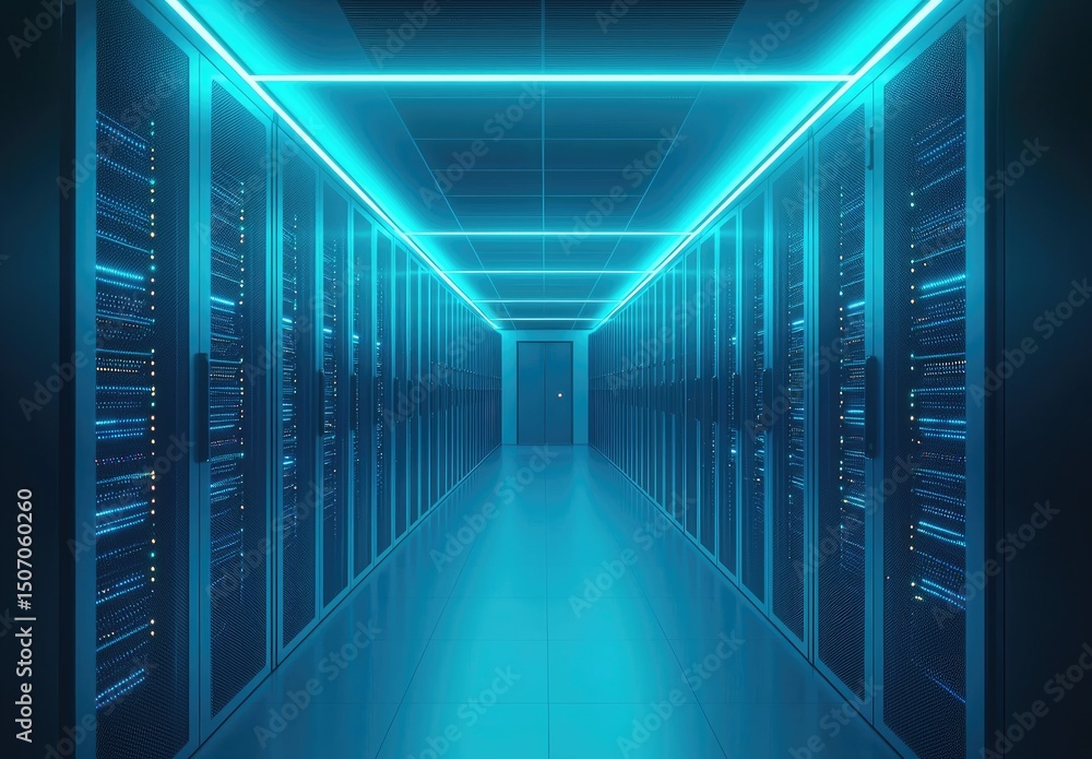 Bright neon-lit data center with symmetrical server racks and reflective floor, perfect for tech branding, cloud service visuals, AI computing themes, and cybersecurity materials Bright neon-lit data center with symmetrical server racks and reflective floor, perfect for tech branding, cloud service visuals, AI computing themes, and cybersecurity materials