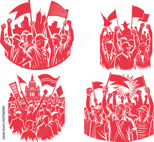set of protest crowd silhouettes vector art