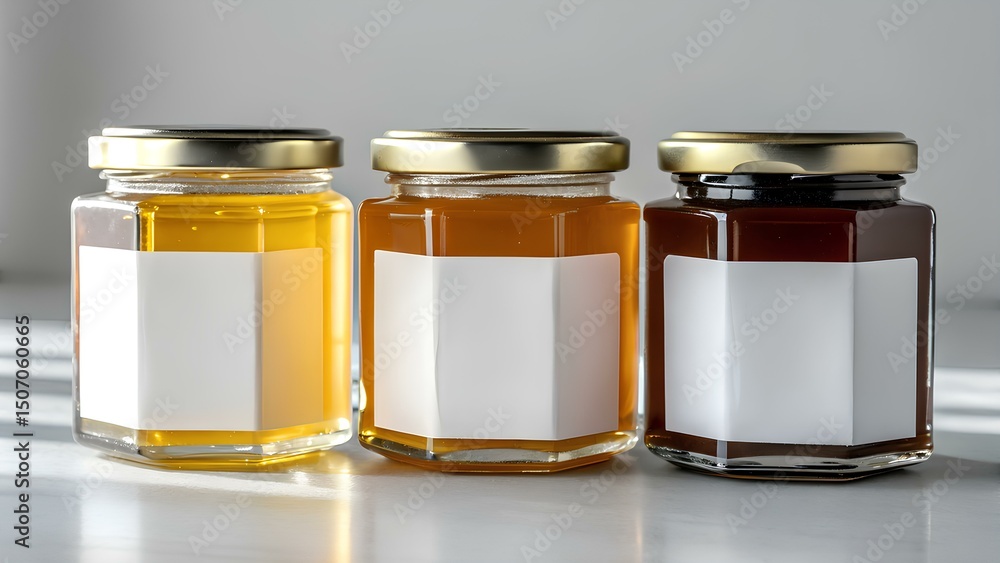 Three honey jars with blank labels on white surface Three honey jars with blank labels on white surface