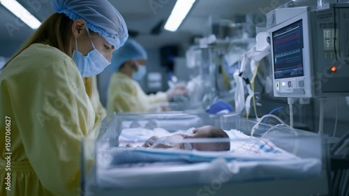 Nurse provides care for premature newborn in incubator at hospital neonatal unit