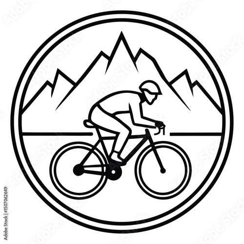 Minimalist Mountain Biking Logo Design with Cyclist Silhouette and Mountain Range