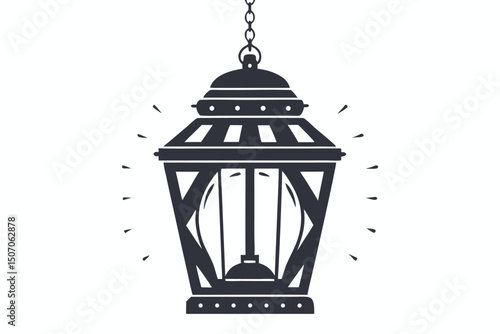 Hanging Lantern Silhouette with Light Rays, Intricate Design, Isolated on White