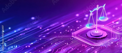 A glowing balance scale stands on a digital circuit board, symbolizing technology and justice in a vibrant, futuristic setting.
