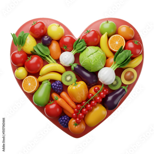 Heart-shaped composition of assorted fresh produce promoting nutritious choices.