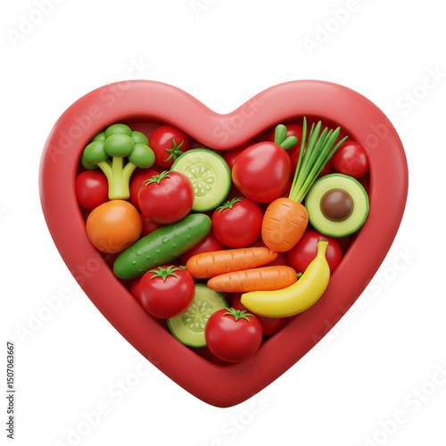 Heart filled with fresh vegetables and fruits, symbolizing healthy eating.