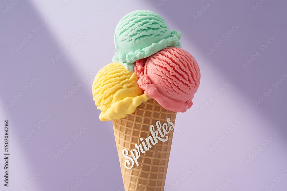 Three scoops ice cream waffle cone Sprinkles treat summer dessert Three scoops ice cream waffle cone Sprinkles treat summer dessert