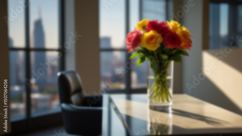 Beautiful blurred background of a light modern office interior with panoramic windows and beautiful lighting.