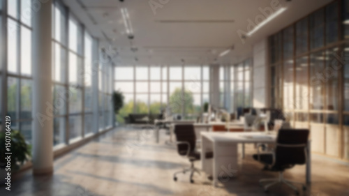 Beautiful blurred background of a light modern office interior with panoramic windows and beautiful lighting.