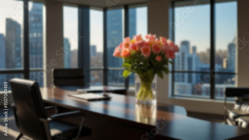 Beautiful blurred background of a light modern office interior with panoramic windows and beautiful lighting.