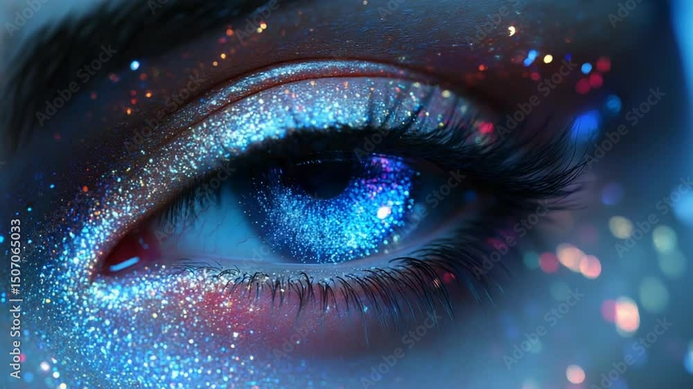 Close-up of a sparkling eye with colorful glitter makeup Close-up of a sparkling eye with colorful glitter makeup