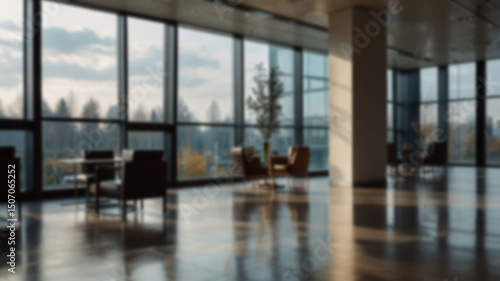 Beautiful blurred background of a light modern office interior with panoramic windows and beautiful lighting.