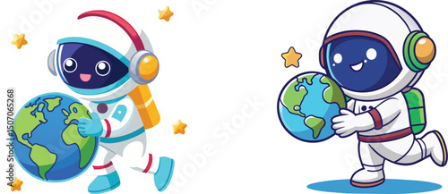set of two design astronomers holding  Earth globe cartoon character vector illustration