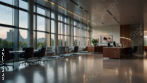 Beautiful blurred background of a light modern office interior with panoramic windows and beautiful lighting.