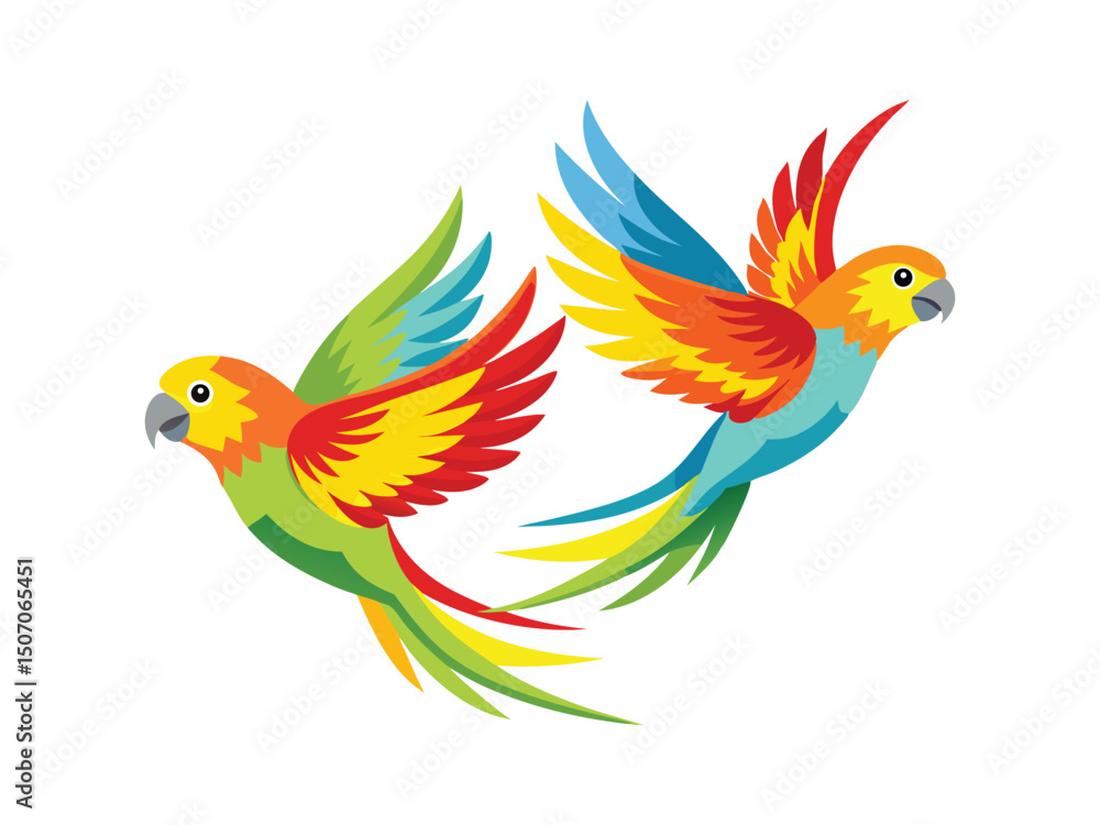 Obraz premium Two colorful parrots in flight isolated on white background