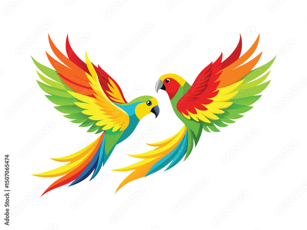 Obraz premium Two colorful parrots in flight isolated on white background 
