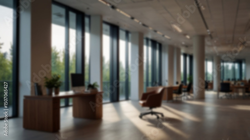 Beautiful blurred background of a light modern office interior with panoramic windows and beautiful lighting.