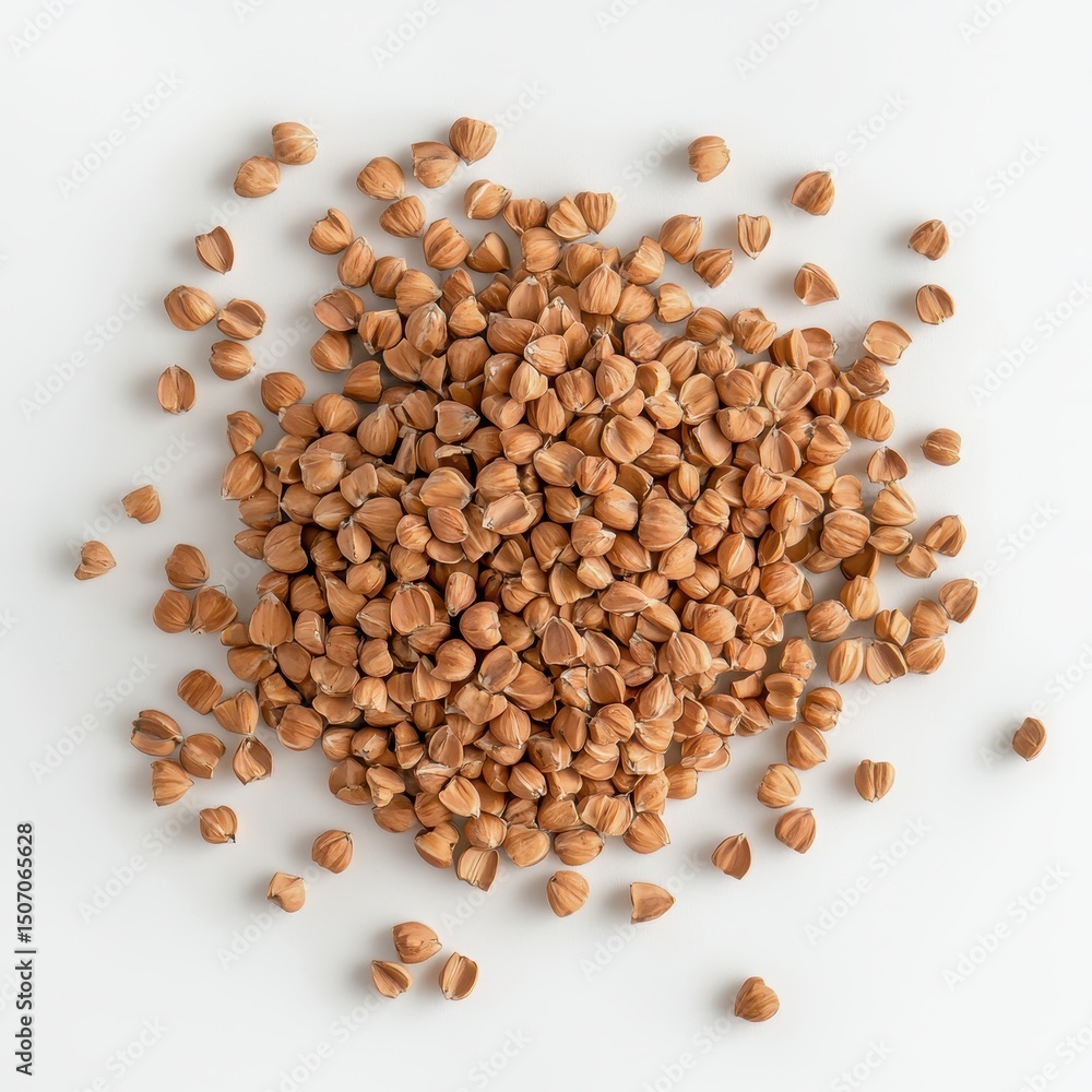 A top view of scattered brown seeds on a light background. A top view of scattered brown seeds on a light background.