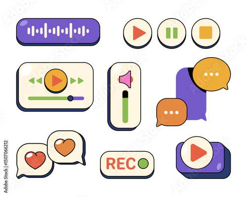 Set of vector audio record interface element. Digital UI symbol of volume sliders, play or playback, stop and pause buttons, volume level and speech bubble, waveform equalizer. Sound user control.