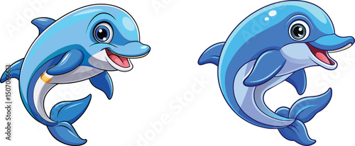 set of two happy Fish, dolphin cartoon character vector illustration