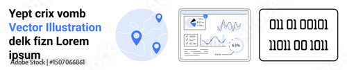 Digital map with location pins, data analytics visualization with charts, and binary code for tech and analytics. Ideal for technology, business intelligence, data science, coding, innovation