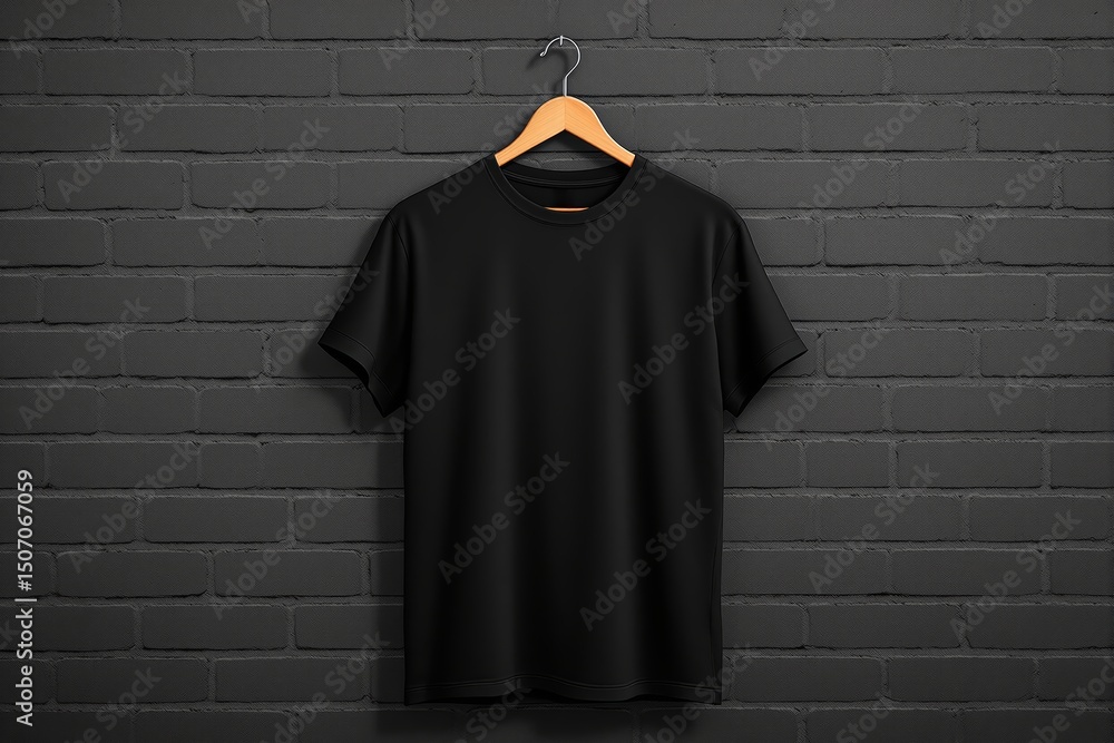 Plain dark t-shirt displayed on wooden hanger, hanging in front of a textured brick wall background, minimal mockup concept for creative branding. Ai generative Plain dark t-shirt displayed on wooden hanger, hanging in front of a textured brick wall background, minimal mockup concept for creative branding. Ai generative