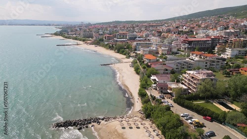 Wallpaper Mural Aerial panoramic view of Sveti Vlas, Bulgaria. Coastal resort town with red-roofed buildings, marina, beaches, and green hills along the Black Sea. Popular tourist destination in summer Torontodigital.ca