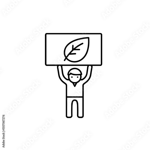 Eco-protest icon with a person holding a sign featuring a leaf