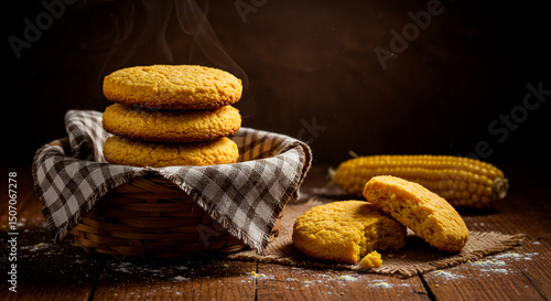 Traditional Brazilian cornbread cookies called broa de milho, steaming in rustic kitchen scene.
