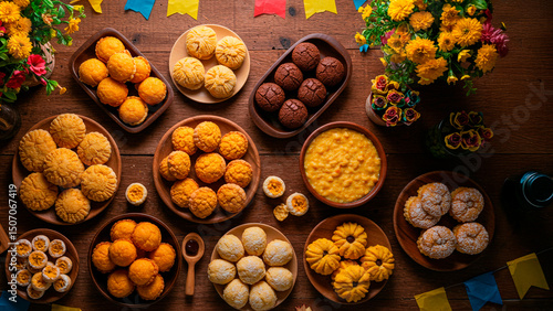 Variety of Brazilian June Festival foods including cakes, puddings, and decorations.
