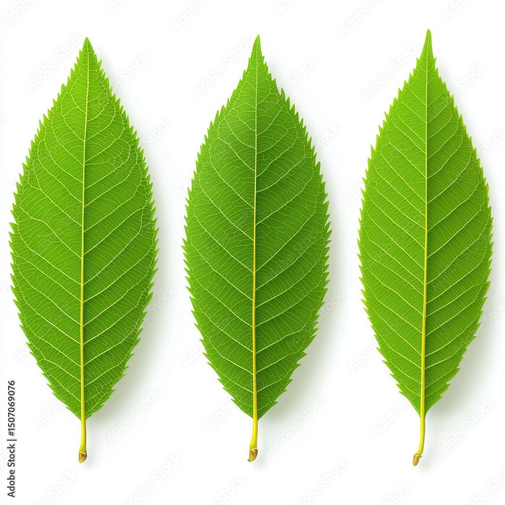 Fototapeta premium Three vibrant green leaves showcasing natural beauty and texture.